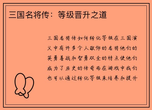 三国名将传：等级晋升之道